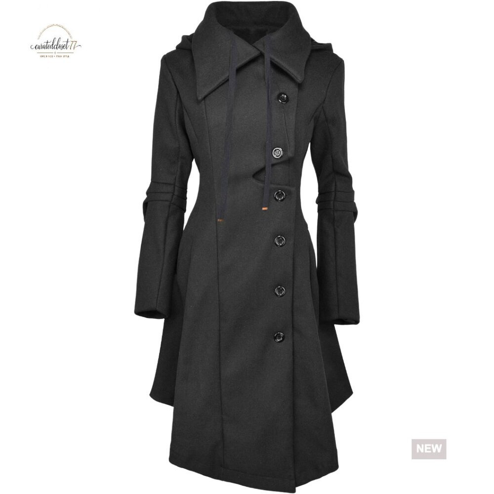 Wool Blend Trench Coat Goth Victorian Style Slim Fit Long Peacoat Hooded